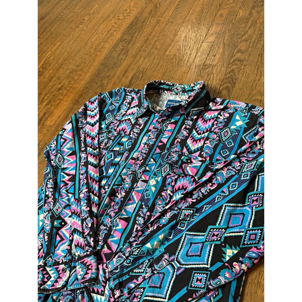 Wrangler Western Shirt Mens L Southwestern Geometric Aztec Tribal Teal Purple